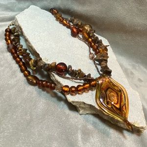 Brown Triple Strand Fashion Necklace Teardrop